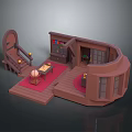 Scenic 3D Model Interior With Wooden Structure Red Carpet Table And Staircase
