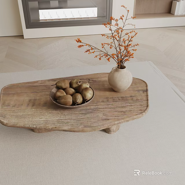 Modern Living Room Sofa Coffee Table Set With Wooden Top Fruit Bowl And Vase 3d model 