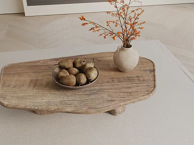 Modern Living Room Sofa Coffee Table Set With Wooden Top Fruit Bowl And Vase 3d model