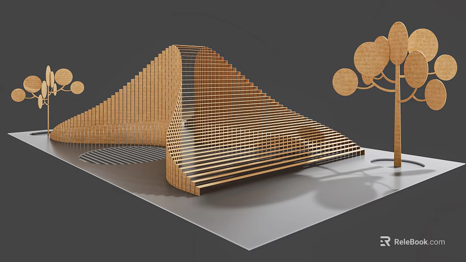 Wooden Decorative Ornament Set With Wavy Striped Structure And Tree Shaped Circular Decor Elements 3d model 