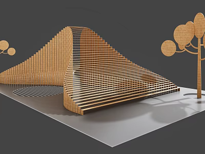 Wooden Decorative Ornament Set With Wavy Striped Structure And Tree Shaped Circular Decor Elements 3d model