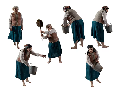 Elderly Woman Carrying Bucket And Performing Various Actions In Different Poses 3d model