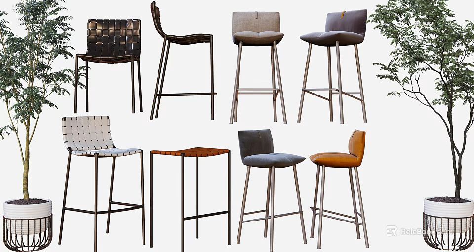 Modern Bar Stools with Various Designs Metal Legs and Comfortable Seats 3d model 