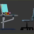 Modern Computer Desk Setup With Dual Monitors Blue Chair Keyboard Mouse And Desk Items