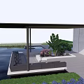 Modern Metal Pergola With Greenery Water Feature And Outdoor Seating Area