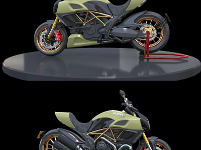 Modern Olive Green Motorcycle With Sleek Design Golden Rims Black Seat And Red Stand 3d model