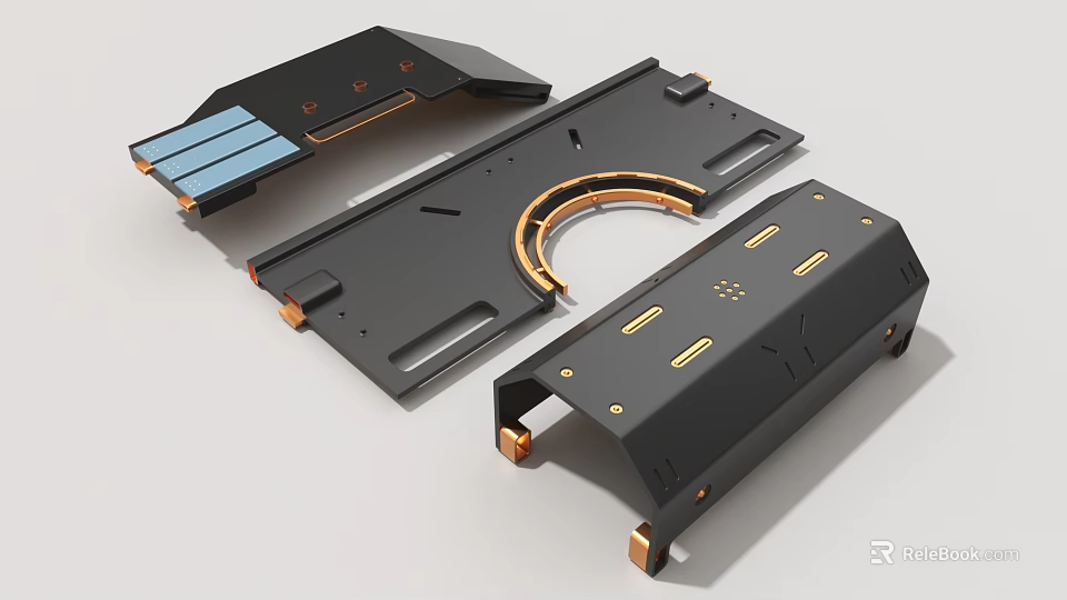 Black Industrial Equipment Components With Arched Copper Elements And Precision Mounting Holes 3d model