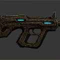 Sci Fi Weapon Design With Golden Intricate Carvings And Blue Glowing Elements