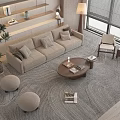 Modern Living Room Sofa Coffee Table Set With Beige Sofa Cushions Wooden Table And Plants