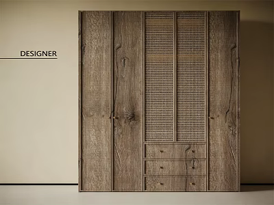 Designer Natural Wooden Wardrobe With Grid Panel Doors And Drawer Storage 3d model