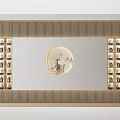 Modern Chinese Style Sofa Background Wall With Symmetrical Lights And Circular Landscape Art