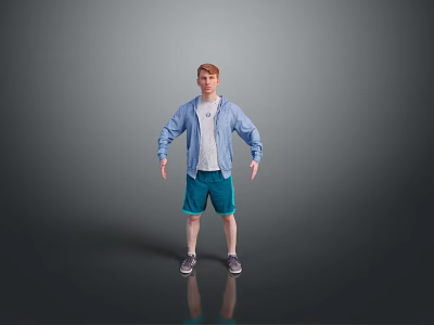 Man Standing Against Gray Background With Blue Shirt Open White T-Shirt Blue Shorts Gray Sneakers 3d model