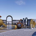 Fun Modern Kids Play Area With Circular Platform Climbing Structures Green Lawn And Colorful Equipment