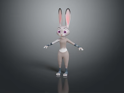 3D Rabbit Model With Long Ears Purple Eyes White Body Blue Cuffs On Gray Background 3d model