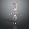 3D Rabbit Model With Long Ears Purple Eyes White Body Blue Cuffs On Gray Background