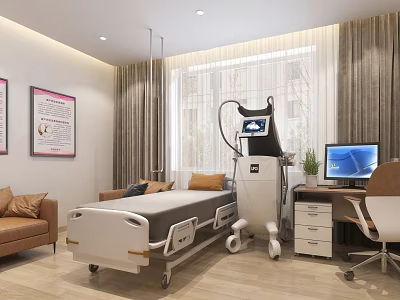 Medical Treatment Room Interior With Bed Equipment Sofa Computer And Window 3d model