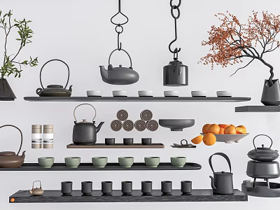 Modern Tea Set Design Featuring Teapots Teacups Trays Oranges And Decorative Plants 3d model