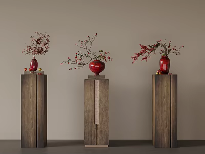 Three Elegant Wooden Pedestals Featuring Red Vases And Flower Branches 3d model