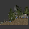 Cartoon Scene Featuring Wooden House Pine Trees Small Boat Rocks And Water Area