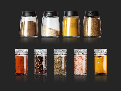 Transparent Glass Spice Bottles With Various Colored Spices And Lids 3d model