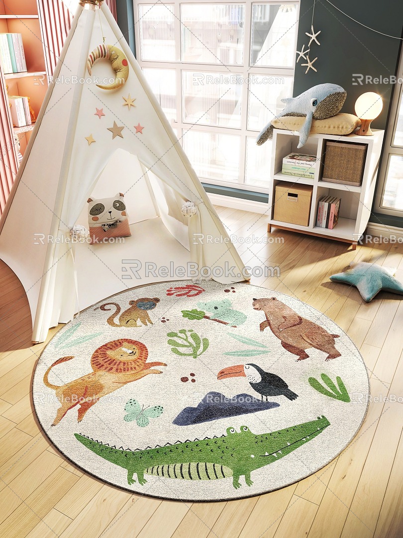 Modern Round Carpet Children's Tent Entertainment Area Carpet Combination Creative Children Cartoon Animal Carpet Children's Toy Room 3d model