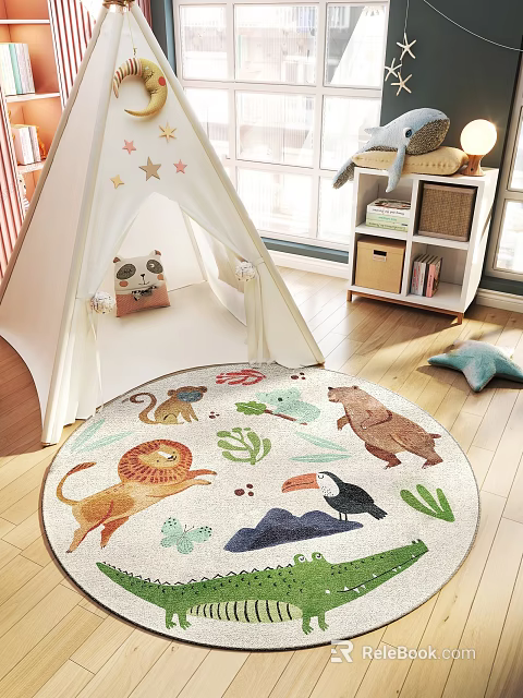 Colorful Round Rug With Animal And Plant Patterns For Kids Room Decor 3d model 