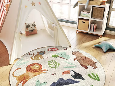 Colorful Round Rug With Animal And Plant Patterns For Kids Room Decor 3d model