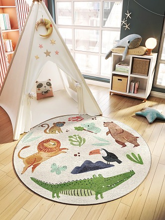 Modern Round Carpet Children's Tent Entertainment Area Carpet Combination Creative Children Cartoon Animal Carpet Children's Toy Room 3d model