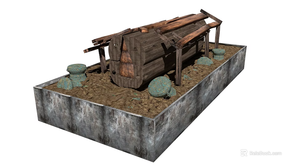 Ancient Wooden Drum Structure On Stone Base With Round Stones And Dirt Ground 3d model 