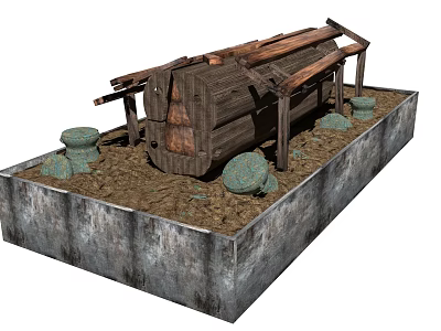 Ancient Wooden Drum Structure On Stone Base With Round Stones And Dirt Ground 3d model