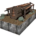 Ancient Wooden Drum Structure On Stone Base With Round Stones And Dirt Ground