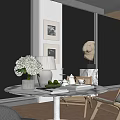 Decorative Accessories Combination On Glass Table With Hydrangea Lamp Sculpture And City View