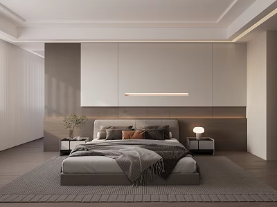 Modern Bedroom Interior Design With Headboard Wall Linear Pendant Light Nightstands And Wooden Flooring 3d model