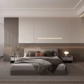 Modern Bedroom Interior Design With Headboard Wall Linear Pendant Light Nightstands And Wooden Flooring
