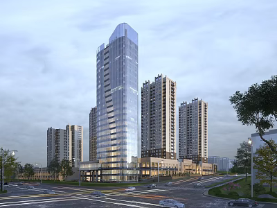 Modern Office Building With Glass Curtain Wall In Urban Area Surrounded By High Rises 3d model