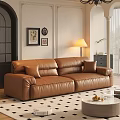 Elegant Living Room Interior With Brown Leather Sofa Floor Lamp Wall Art And Checkered Floor