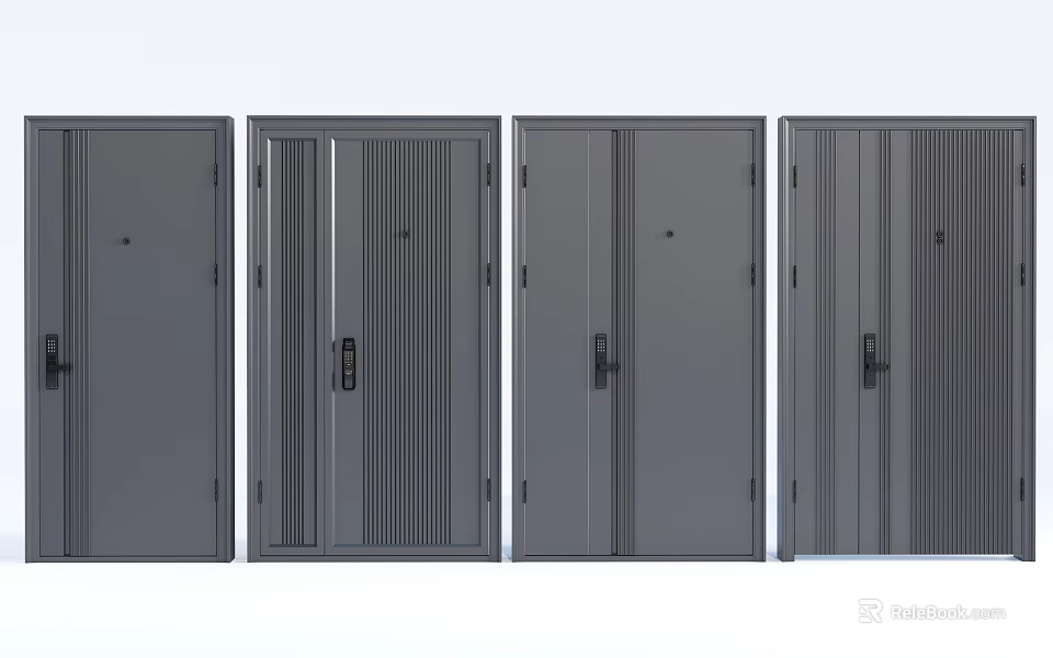 Modern Security Doors With Various Panel Designs And Secure Lock Systems 3d model 
