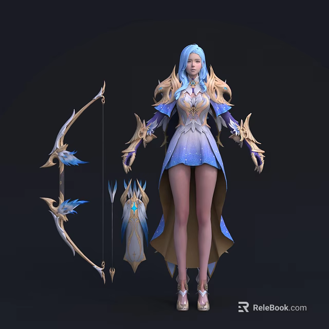 Fantasy Blue Haired Character In Elaborate Outfit With Creature Inspired Bow And Ornate Details 3d model 