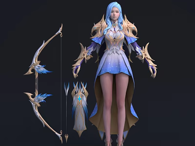Fantasy Blue Haired Character In Elaborate Outfit With Creature Inspired Bow And Ornate Details 3d model