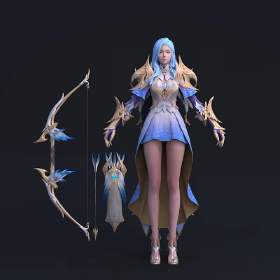 Fantasy Blue Haired Character In Elaborate Outfit With Creature Inspired Bow And Ornate Details 3d model
