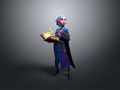 Woman in blue purple robe holding glowing book with light blue hair against gray background 3d model