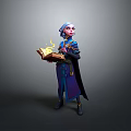 Woman in blue purple robe holding glowing book with light blue hair against gray background