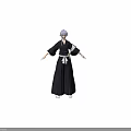 Woman with Purple Hair in Black Kimono Featuring White Obi and Sword