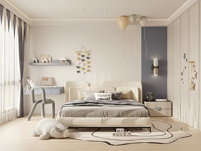 Kids Room Interior Design With Cozy Bed Balloons Desk And Star Wall Decor 3d model