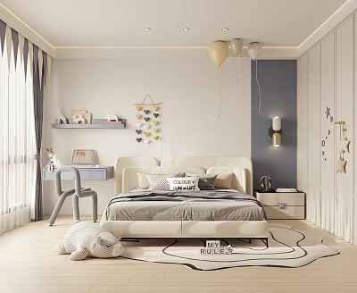 Kids Room Interior Design With Cozy Bed Balloons Desk And Star Wall Decor 3d model
