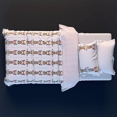 Stylish Single Bed With Colorful Floral Quilt And Soft Decorative Pillows 3d model