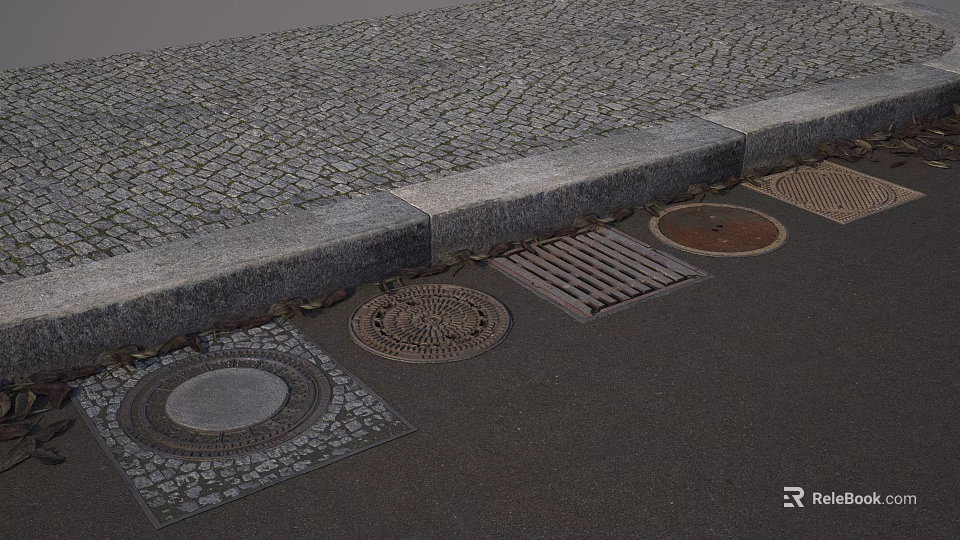 Road Infrastructure Features Cobblestone Pavement Curb Manhole Covers And Drainage Grates 3d model 