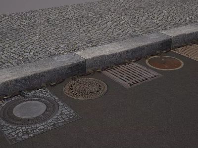 Road Infrastructure Features Cobblestone Pavement Curb Manhole Covers And Drainage Grates 3d model