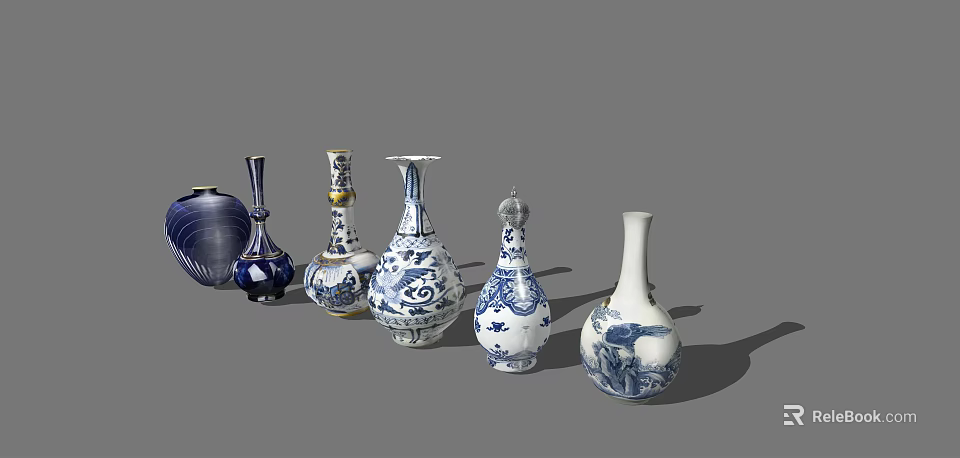 Decorative Ceramic Vessels With Blue And White Patterns In Various Shapes 3d model 
