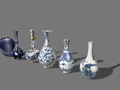Decorative Ceramic Vessels With Blue And White Patterns In Various Shapes 3d model